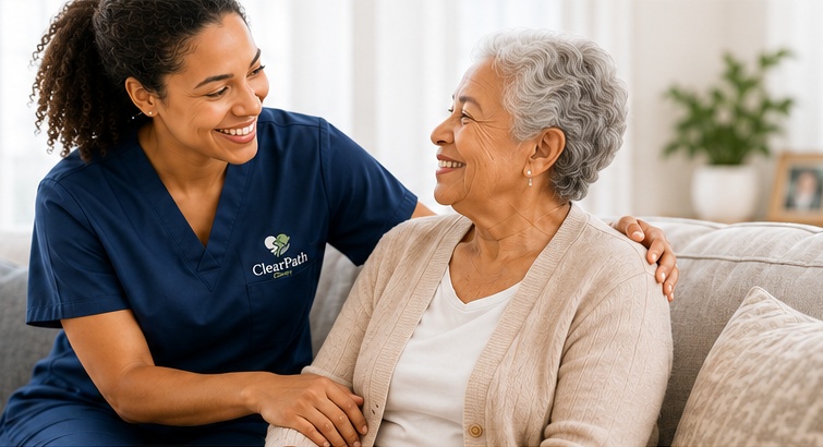 Caregiver and older adult smiling together at home
