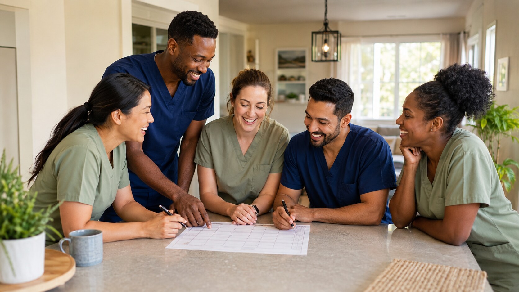 A diverse team of professional caregivers planning together