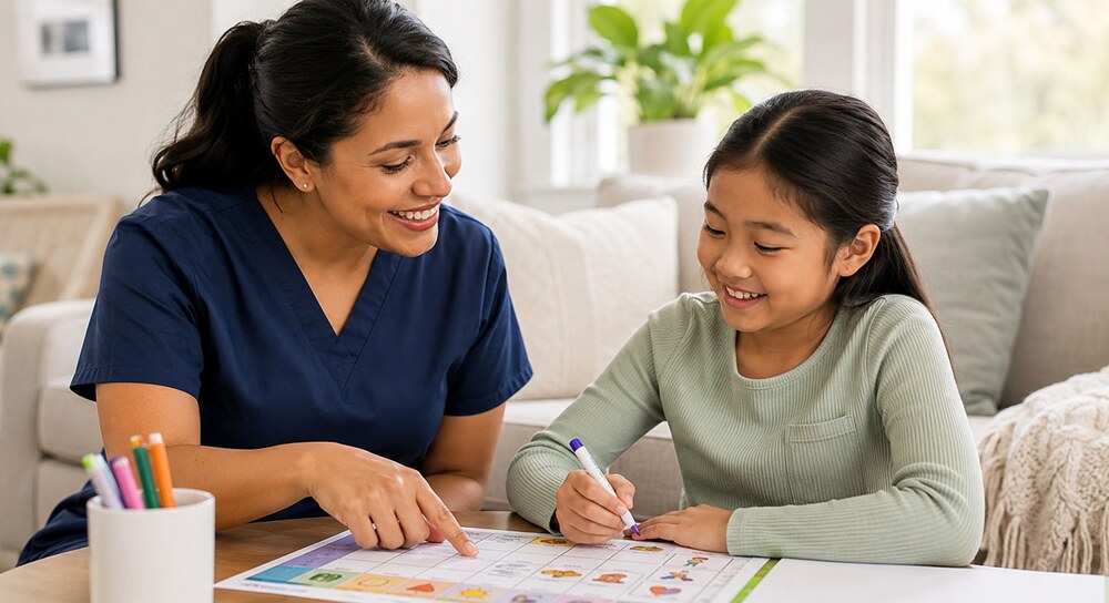 Caregiver supporting a child with her daily routine