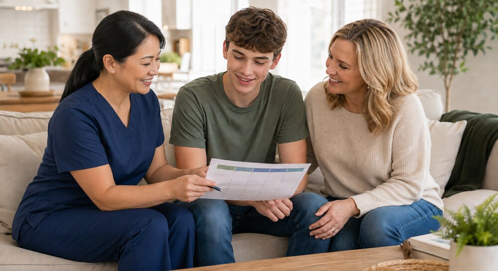 Caregiver reviewing a care plan with a teenage client and his family
